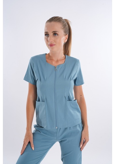Cool Petrol Mavi Renk Lily Model Fermuarlı Soft Likra Doktor, Hemşire Cerrahi Üniforma Takım Cool Petrol Mavi Cool Petrol Mavi