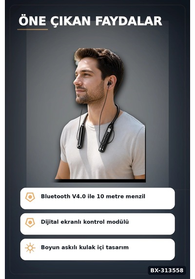 Çift Telefon Bağlantılı Titreşimli Bluetooth Boyun Kulaklığı 10m Menzil Mikrofonlu Bx-313558