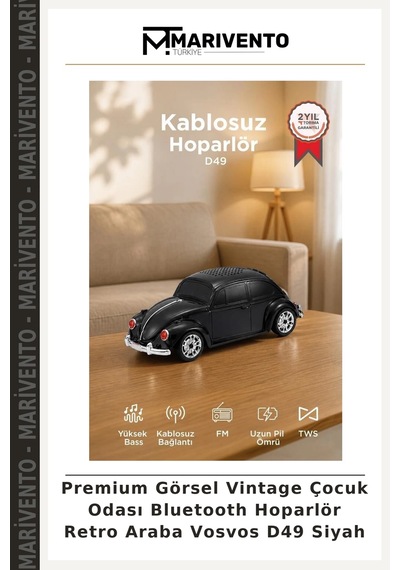 Premium Görsel Vintage Çocuk Odası Bluetooth Hoparlör Retro Araba Vosvos D49 Siyah