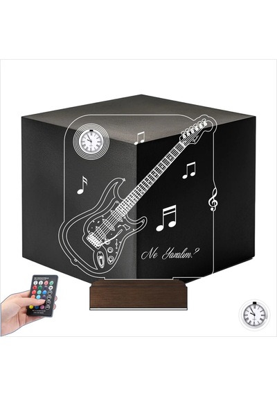 Luvivia Elektro Gitar Müzik Nota Müzisyen Kişiye Özel Metal Saatli 3d Lamba - Masa Gece Lambası Şeffaf