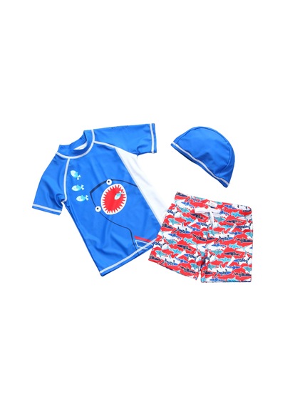 Petityu Up50+ Mavi Beyaz Kırmızı Shark Köpekbalığı Desen Kırmızı Şort 3 Lü T-shirt Şapka Mayo Set Kırmızı - Mavi Petityu Up50+ Mavi Beyaz Kırmızı Shark Köpekbalığı Desen Kırmızı Şort 3 Lü T-shirt Şapka Mayo Set Kırmızı - Mavi
