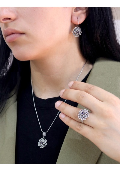 Safir Taşlı Gül Model Oksitli 925 Ayar Gümüş Telkari Kadın Üçlü Set 201025644