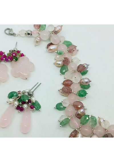 2739 Pembe Ve Yeşil Kuvars Doğal İnci Çelik Aparatlı El Yapımı Bileklik Açık Pembe