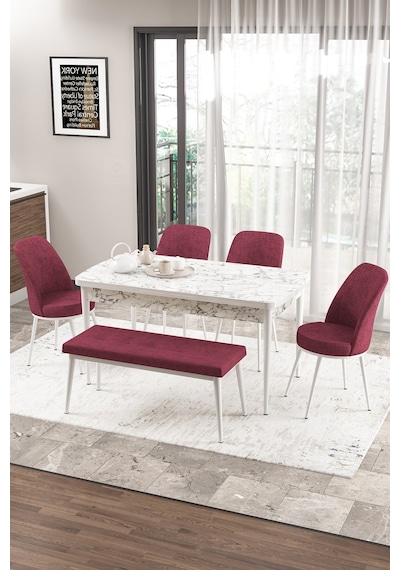 Canisa Concept Zen Serisi 80x132 Mdf Açılabilir Beyaz Mermer Desen Masa Takımı 4 Bordo Sandalye Ve 1 Bench Masa Beyaz Mermer Sandalye Ve Bench Bordo Canisa Concept Zen Serisi 80x132 Mdf Açılabilir Beyaz Mermer Desen Masa Takımı 4 Bordo Sandalye Ve 1 Bench Masa Beyaz Mermer Sandalye Ve Bench Bordo