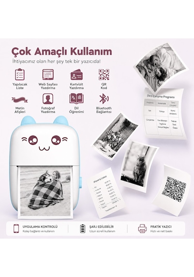 Netum Mavi Mini Yazıcı Mini Taşınabilir Termal Yazıcı Kablosuz Bağlantı 3 Renkli 2beyaz Kağıt li