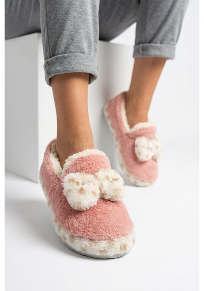 Nmoda Kadın Fiyonklu Yumuşak Peluş Panduf İçi Kürklü Kaymaz Taban Kışlık Sıcak Tutan Ev Terliği Ev Botu Pembe