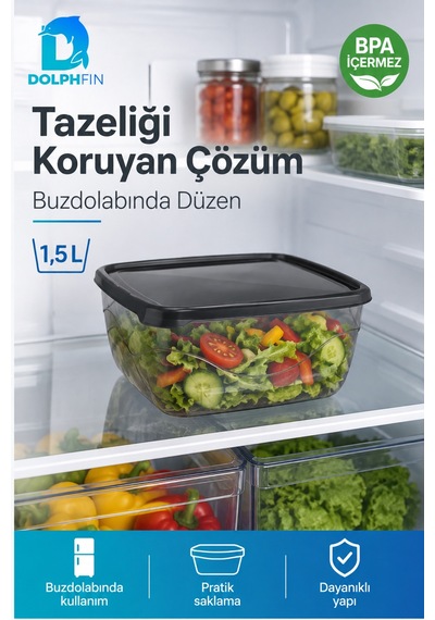Kare Saklama Kabı 1,5 Litre Füme Şeffaf Siyah Kapaklı Buzdolabı Kabı Bpa İçermez