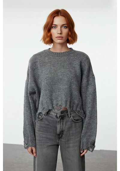 Ersefa Kadın Casual Crop Oversize Bisiklet Yaka Triko Kazak Düşük Kol Ak Antrasit