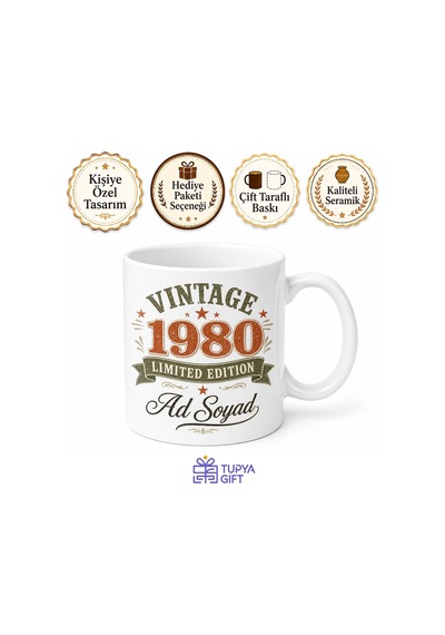 Vintage 1980 Doğumlu İngilizce Kupa Bardak Retro Doğum Yılı Hediye Beyaz / Çok Renkli