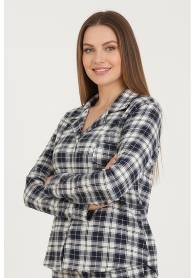 Bravie Luxury Viscose Lacivert Ekose Desenli Kadın Uzun Kollu Büyük Beden Pijama Takımı 42527 Gümüş