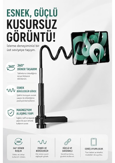 Coverzone Esnek Kollu Telefon Ve Tablet Standı,ent 360 Döner Ayarlanabilir Masa Kelepçesi, Magnezyum Alaşımlı Bükülebilir Gövde, Kaymaz Silikon Ve Eva Pedli, İpad Pro Uyumlu Yk-21