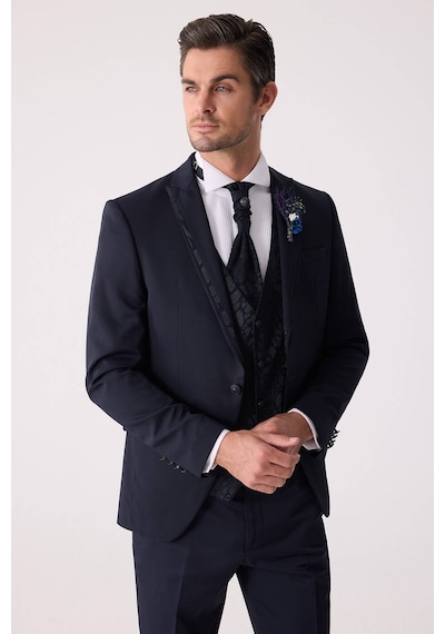Ysf Erkek Lacivert Çıkma Şal Yaka Slim Fit Damatlık