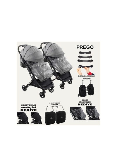 Prego Yan Yana Birleştirmeli Kabin Boy İkiz Bebek Arabası Ayak Örtüsü + Yağmurluk +taşıma Çanatası Gri