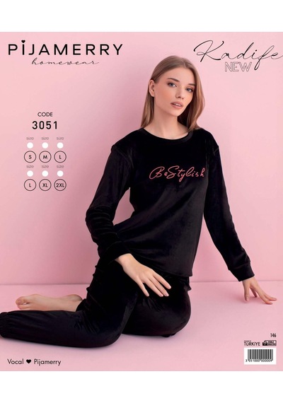 Pijamerry Kadın Kışlık Bisiklet Yaka Kadife Pijama Takımı 3051s - 1 Adet Siyah