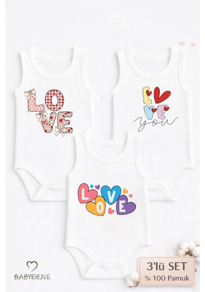 Babyden's 3 Lü Bebek Body Seti %100 Pamuk Love Baskılı Atlet Body Unisex Beyaz
