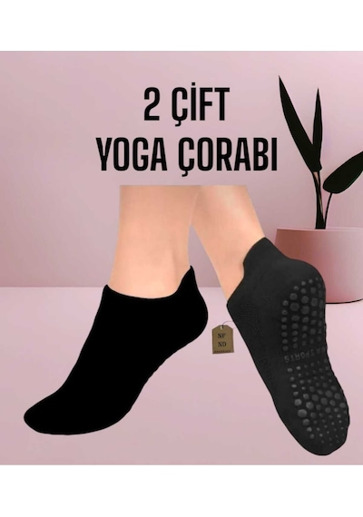 Enefendi 2 Çift Yoga Pilates Tavaf Dikişsiz Çorap Kadın Kaymaz Taban Pamuklu Silikon Baskılı Siyah Renkli
