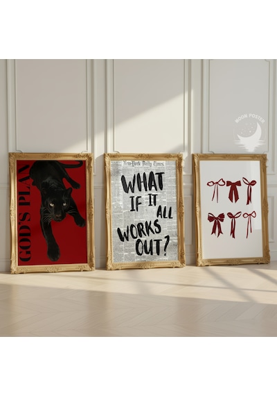 3 Lü Siyah Panter Ve Kırmızı Fiyonk Temalı Çerçevesiz Dekoratif Poster Seti Modern Duvar Dekoru, Salon, Genç Odası Ve Ev Dekorasyonu