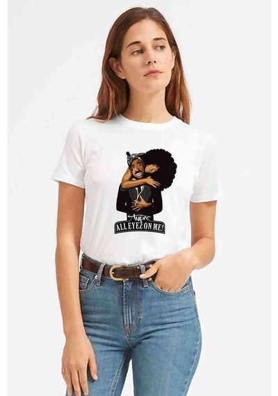 Rap Hiphop 2Pac All Eyez On Baskılı Beyaz Kadın Tshirt
