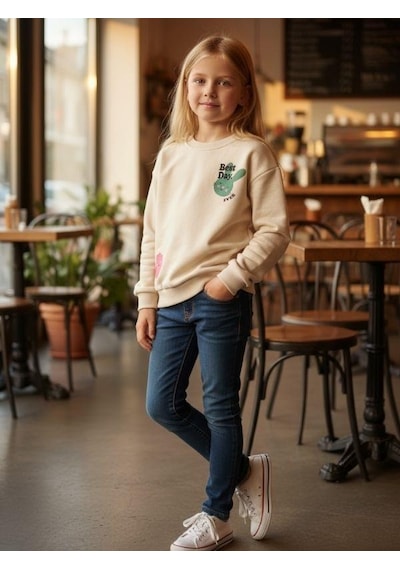 Kız Çocuk Pamuklu Tavşan Desenli İnce Uzun Kollu Sweatshirt-16335 KREM