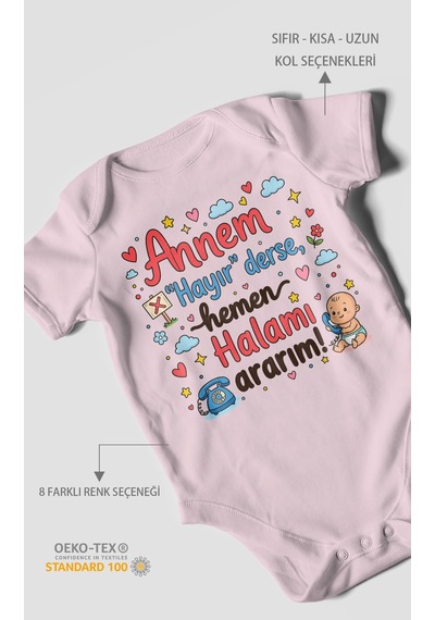 Morivokids Annem Hayır Derse Hemen Halamı Ararım Kısa Kollu Bebek Body %100 Pamuk Bebe Pembe