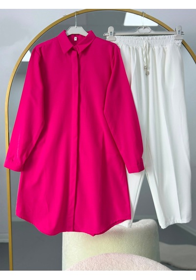 Lovie Moda Basic Oversize Tunik Gömlekli Takım Pembe