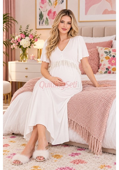 Lady Ekru Renk Dantel Detaylı 33500 Sabahlıklı 2li Hamile Gecelik Takım Set