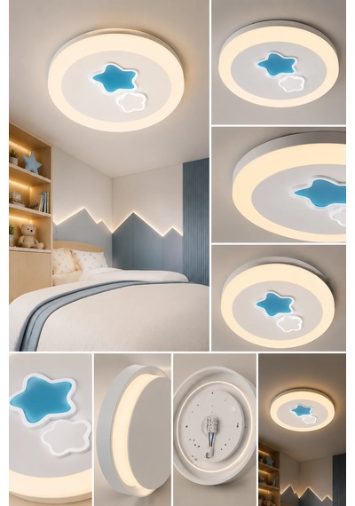 Modern Premium 3 Renkli Ledli Tavan Plafonyer Avizesi Yıldız Desenli 50 Cm Çocuk Odası Şık 100w Beyaz
