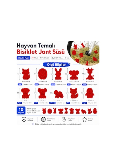 Hayvan Temalı Bisiklet Jant Süsü 20 Parça 2 Renk 10 Farklı Model Kırmızı-Mavi