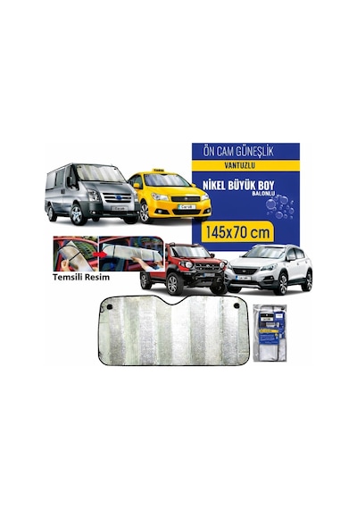 Oto Ön Cam Güneşlik Vantuzlu 145x70 Cm Nikel Büyük Boy Minibüs Taksi Suv Jeep Araç Güneşliği
