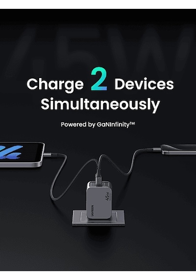 Ugreen Nexode Pro 45 W QC PD 2xUSB-C Gan Hızlı Şarj Cihazı Uzay Grisi