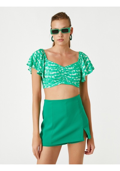 Koton Crop Bluz Büzgü Detaylı Yeşil Desenli 2sak60234pw 2SAK60234PW02F Yeşil