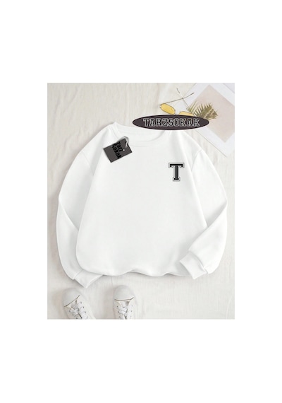 Tarzsokak Biskilet Yaka Sweatshirt Beyaz T Harfi İsme Özel Tasarım