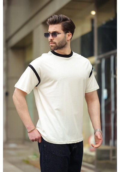 Madmext Ekru Bisiklet Yaka Regular Fit Erkek T-shirt E7126 Ekru
