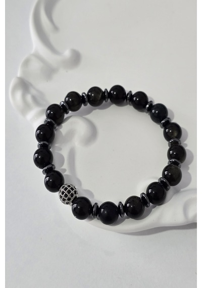 8 Mm Zirkon Talı, Hematit, Gold Obsidyen Doğaltaş Bileklik 01 - Siyah
