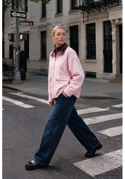 Kadın 6w6-98 Oversize Velvet Kadife Kumaş Deri Detaylı Tasarım Ceket Pembe