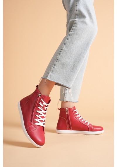 Analin Shoes Kadın Hakiki Deri Günlük Fermuarlı Spor Bot Kırmızı