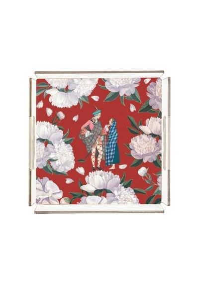 Red - White Rose Pleksi Tepsi - 25x25cm