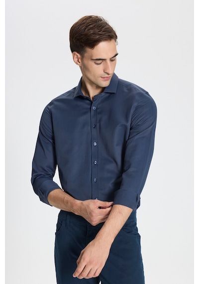 George Henry Pamuklu Oxford Slim Fit Dar Kesim İtalyan Yaka Armürlü Gömlek Lacivert
