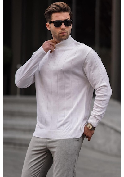 Madmext Ekru Slim Fit Yarım Balıkçı Yaka Çizgili Tüylenmeyen Erkek Triko Kazak 6344 Ekru