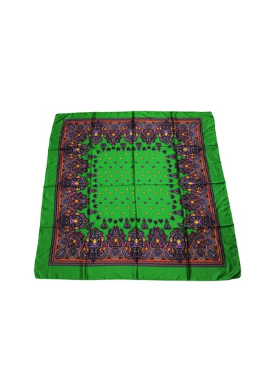 Tikitonki Koyu Yeşil Etnik Çiçek Desenli Saten Eşarp - 90x90 Koyu Yeşil Koyu Yeşil