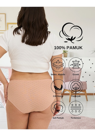 Alya Underwear %100 Pamuk Kumaşlı, Büyük Beden Yüksek Bel Kalp Desenli Ribana Jakar Kadın Külot Ten Rengi