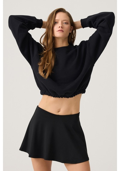 Los Ojos Siyah Geniş Kalıp Beli Büzgülü Crop Sweatshirt Cropped Pullover Siyah Siyah