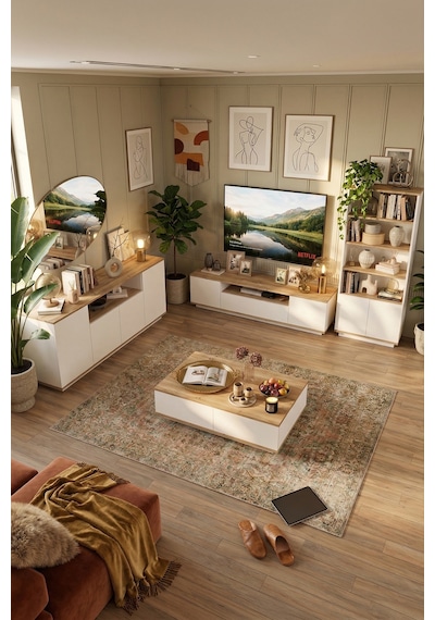 Yurudesign Future Tv Ünitesi Orta Sehpa Konsol Kitaplık 4'Lü Set Çam-Beyaz FR19-AW