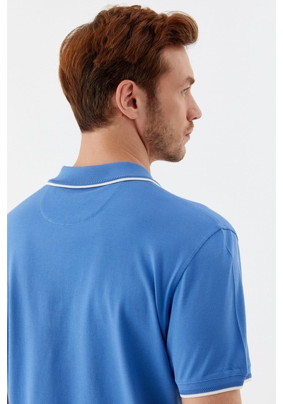 Sabri Özel Mavi Regular Fit %100 Pamuk Fermuarlı Polo Yaka T-shirt