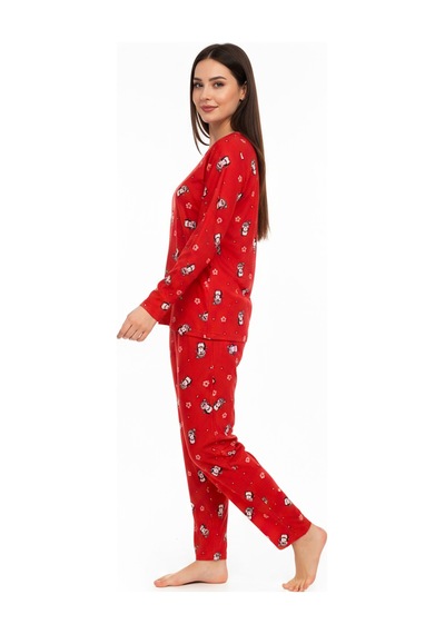 Bisiklet Yaka Süet Pijama Takımı 6005 Penguen Kırmızı Kırmızı