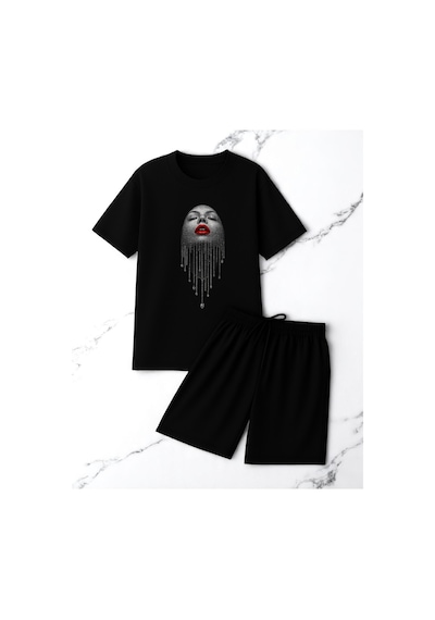 Uyguntarz Unisex Pırlantalı Kadın Portresi Tasarım Basklı Tshirt Şort Takımı Siyah