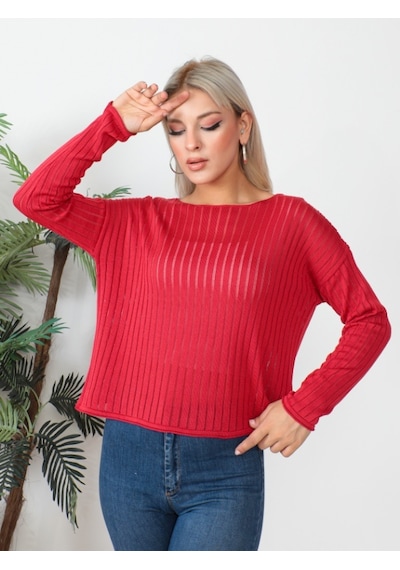 Uzun Kollu Ajurlu Bluz 23aj0021-kırmızı Kırmızı