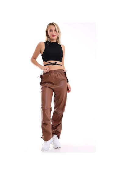 Winmoda34 Kadın Paçası Ayarlanabilir Cebi Kapaklı Yüksek Bel Deri Pantolon kahve