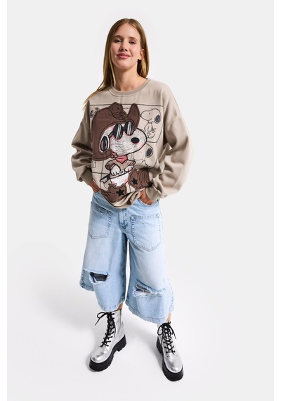 it's basic  Kadın Ekru Bej W5 Oversize Baskılı %100 Koton Organik Kumaş Sweatshirt