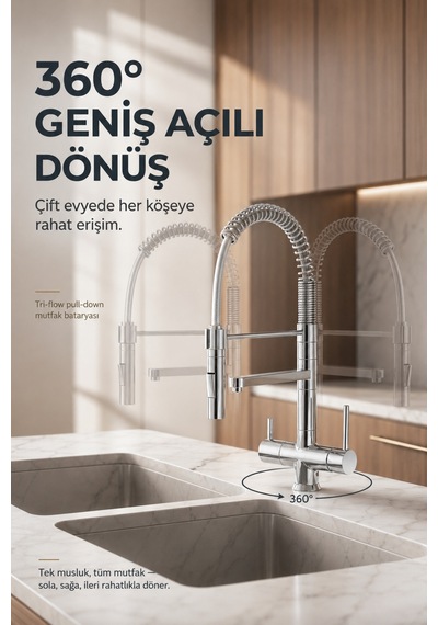 Nkd48n12cp 3 Yollu Spiralli Pull-down Arıtmalı Mutfak Bataryası Krom Tayvan Metal
